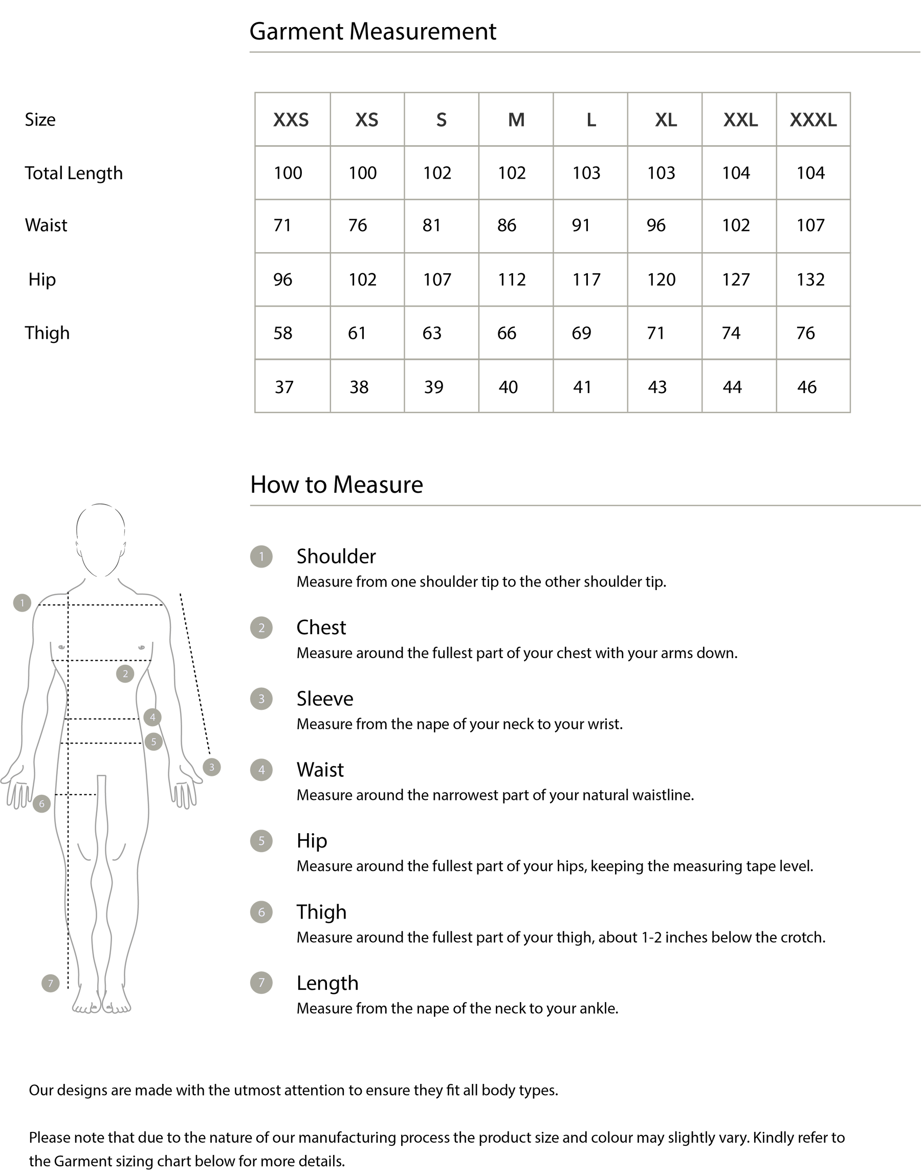 Size chart in centimetres