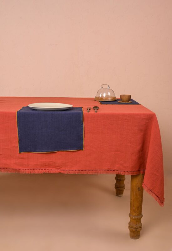 Linen Fringe Me Kantha Tablecloth (Rusty Ochre)