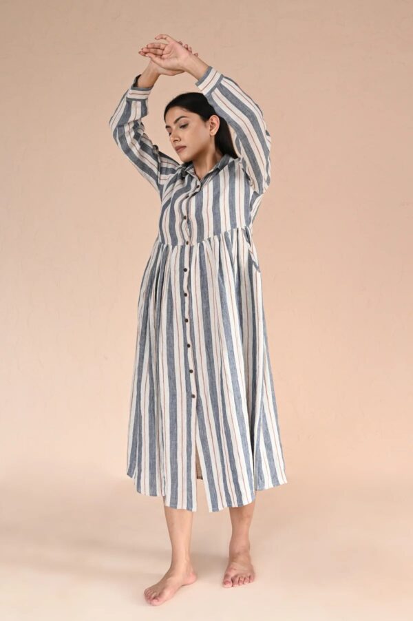 Linen Holly Dress (Blue Stripe)