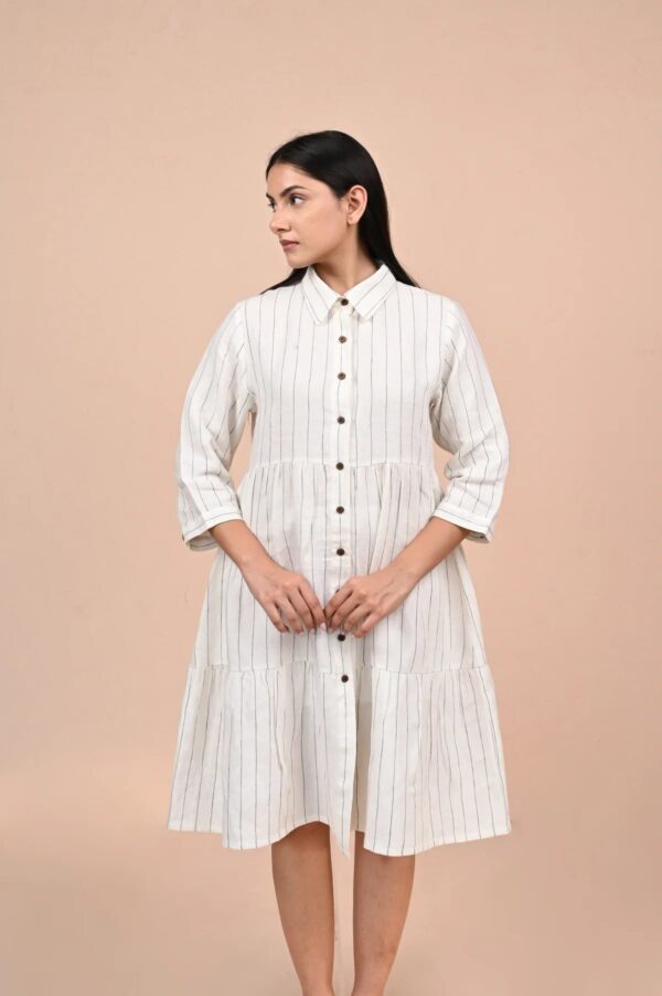 Linen Aksi Midi Dress (Grey Stripe)