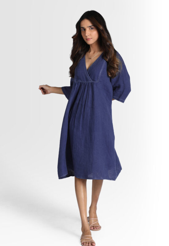 Linen Claire Midi Dress (Indigo Blue)