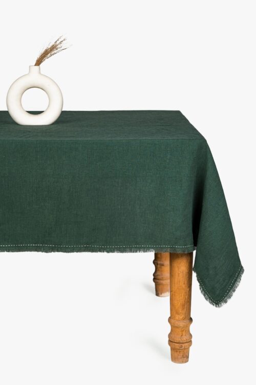 Linen Fringe Me Kantha Tablecloth (Bottle Green)